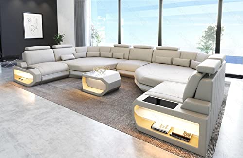 XXL Sofa Wohnlandschaft Asti mit LED-Beleuchtung Couch in Leder Designersofa mit Kopfstützen und USB-Anschluss (Große Ecke Links (auf Sofa blickend), Beige-Weiss)