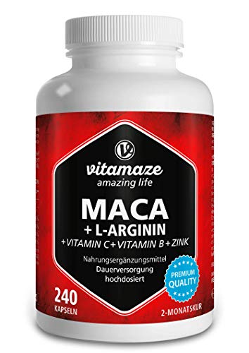 Maca Kapseln hochdosiert 4000 mg + L-Arginin + Vitamine + Zink, 240 Kapseln mit 4000 mg Pulver aus der Maca Wurzel für 2 Monate, Pflanzliche Nahrungsergänzung ohne Zusätze, Made in Germany