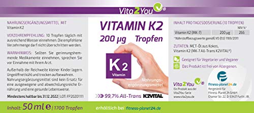 Vitamin K2 Tropfen - 200µg - 50ml - 1700 Tropfen - K2VITAL - Menaquinon MK-7 natürlichen Ursprungs - 99,7% All-Trans - MCT-Öl - Premium Qualität