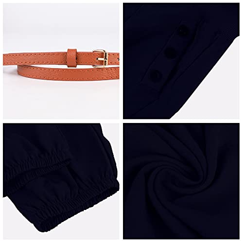 OEAK Damen Leinen Hose Haremshose Lang Chino Einfarbig Sommerhose Pumphose Aladinhose Pluderhose Baggy Harem Stil Strandhose mit Gürtel,Marine,Gr.L