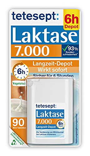 tetesept Laktase 7.000 – Laktasetabletten bei Laktoseunverträglichkeit – Nahrungsergänzungsmittel mit Sofortwirkung & 6h Langzeit-Depot – 1 Dose à 90 Stück