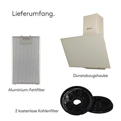 Wiggo Dunstabzugshaube 60cm kopffrei I Abluft Umluft Dunstabzug 300m³/h - LED Touch-Display 3 Stufen I Schräghaube inkl. Fettfilter & 2x Kohlefilter I Abzugshaube mit Glasfront creme