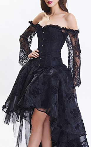 EUDOLAH Damen Schwarz Korsagen Gothic Taille Korset Lang Hauch Bluse Mini Korsett kurz Party Steampunk inkl. und Korsett Top (Small, 11708 Schwarz)