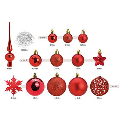 WOMA Christbaumkugeln Set in 19 weihnachtlichen Farben - 111er Set Weihnachtskugeln Rot aus Kunststoff + Baumspitze - Gold, Silber, Rot & Kupfer UVM - Weihnachtsbaum Deko & Christbaumschmuck