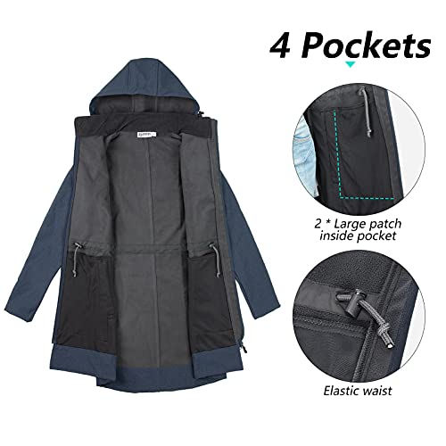 33,000ft Softshelljacke Damen Lange Übergangsjacke Wasserdicht Winddicht Softshellmantel Windbreaker Atmungsaktiv Wanderjacke Outdoor Mantel mit Abnehmbarer Kapuze Dunkel blau 46