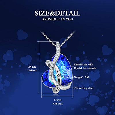 Kette Herz Sterling Silber"Ich Liebe Dich" Halskette Damen mit Kristallen, Geburtstagsgeschenk für Frauen Freund (Ich Liebe Dich (Blau))