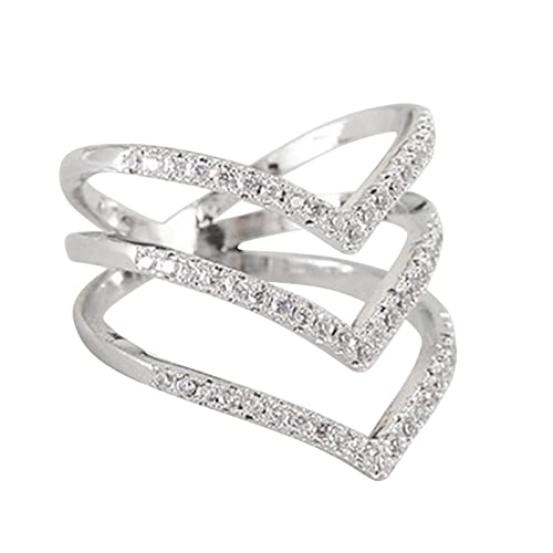 Yowablo Silber V Form Ring DREI Reihen V Strass Ring Elegante Geometrie Strass Ring Voller Ringe Für Frauen Größe 6 9 Ringe Mit Gravur Für Silber