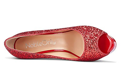 NobleOnly Damen Plattform Peep-Toes Pumps 13CM Stilettos High Heels Rot Glitter Schuhe EU38