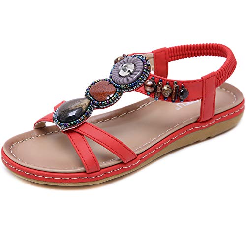 GAXmi Sandalen Damen Sommer Strass Wohnungen Flach Zehentrenner Riemchensandalen Rot39