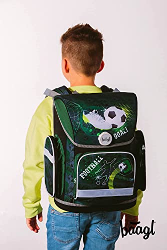 Baagl Schulranzen Jungen Set 3 Teilig, ERGO Schultasche ab 1. Klasse, Ergonomische Grundschule Ranzen mit Brustgurt (Fussball)