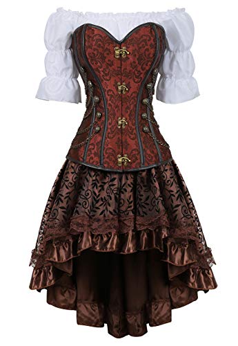 Grebrafan Steampunk Taillen Corsage Kostüm mit asymmetrischer Spitzenrock und Bluse - für Karneval Fasching Halloween (EUR(32-34) S, Braun)