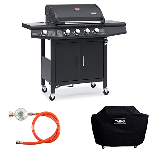 TAINO RED 4+1 Grillwagen BBQ Edelstahl-Brenner Gasgrill schwarz inkl. Zubehör Abdeckplane Haube Gasregler