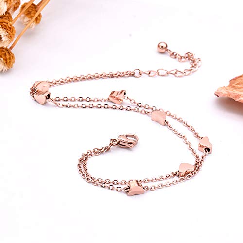 Crazy-m Rosegold Herzen Damen Armband Layered Armband mit Herz Anhängern Doppelt Kette Armband für Frauen Armkette Edelstahl Bracelet aus Titan