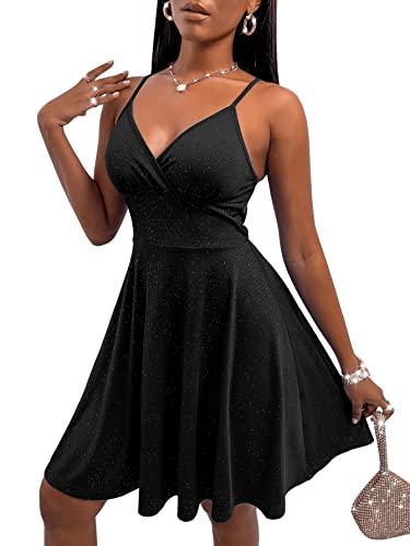 SheIn Damen Elegant Kleid Ohne Ärmel Skaterkleid A Linie Partykleid Vintage Kurz Cocktailkleid Träger Freizeitkleid mit V Ausschnitt Schwarz M