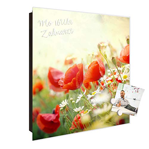 banjado® Großer Schlüsselkasten aus Glas - Schlüsselbox 30x30cm mit 50 Haken - Motiv Kamille Und Mohn - Schlüsselschrank für Schlüsselaufbewahrung mit beschreibbarer Glastür als Magnettafel nutzbar