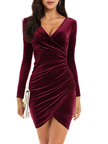 MSBASIC Kleid Rot Weihnachtskleid Damen Kleid Festlich Partykleid Wickelkleid Brautjungfer Medium, Weinrot-Langarm