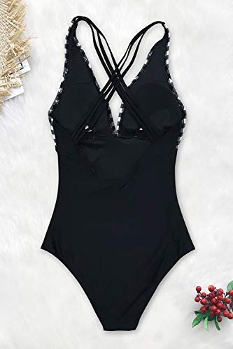 CUPSHE Damen Badeanzug V Ausschnitt Kreuz Rückseite Bauchweg Strandmode Einteiler Swimsuit,Schwarz,L