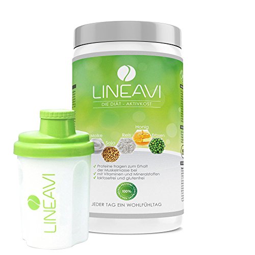 LINEAVI Diät Aktivkost, Abnehm Shake mit angenehmen Geschmack, Mahlzeitenersatz aus Soja-, Erbsen-, Reis- und Molken Eiweiß, laktosefrei und glutenfrei, deutsche Herstellung, 500g + Shaker