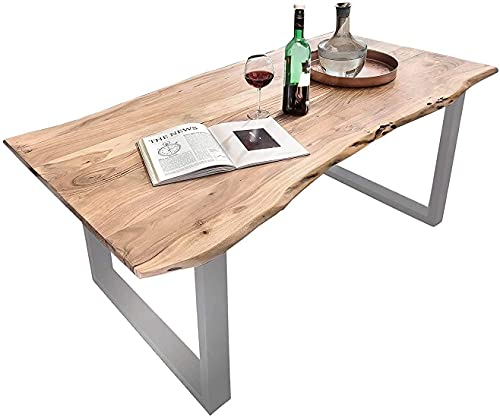 SAM Baumkantentisch 240x100 cm Quarto, Akazienholz massiv + naturfarben, Esstisch mit silbernem U-Gestell, Esszimmertisch/Holztisch Industrial-Design, Tischplatte 26 mm, FSC® 100% Zertifiziert