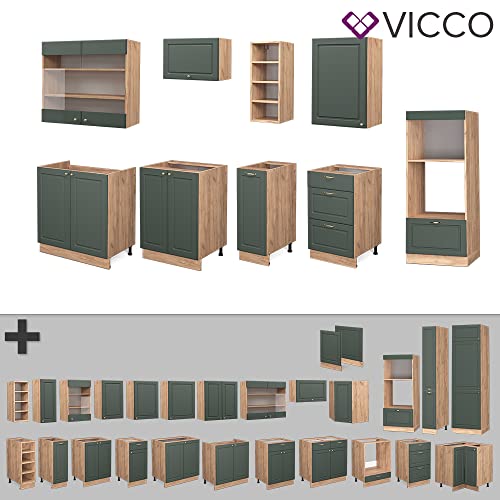 Vicco Küchenzeile Küchenblock Einbauküche Fame-Line Landhaus 280 cm Spülenunterschrank Unterschrank Schubunterschrank Hängeschrank Mikrowellenschrank Apothekerunterschrank (Eiche-Grün-Gold)