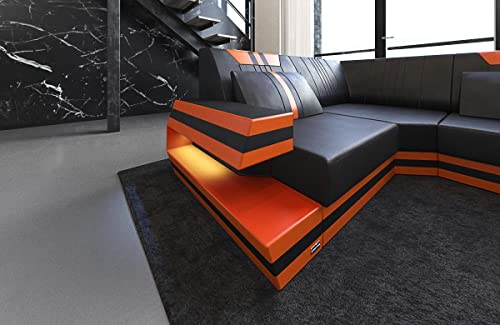 Wohnlandschaft Ravenna Sofa U Form Ledersofa - mit LED Beleuchtung, verstellbare Kopfstützen, Recamiere/Lederfarben wählbar/Ausrichtung wählbar (Ottomane rechts, Schwarz-Orange)