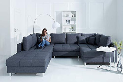 invicta INTERIOR Moderne XXL Wohnlandschaft Kent 303cm anthrazit grau Federkern mit Schlaffunktion Sofa inkl. Hocker und Kissen Schlafsofa Eckcouch