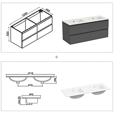 Waschtisch mit Unterschrank 120 cm Badmöbel Set mit Waschbecken Anthrazit Matt