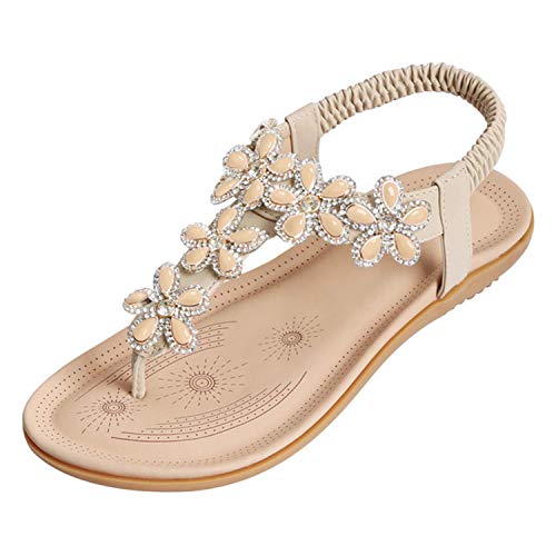 SANMIO Damen Sandals Bohemian Strass Flach Sandaletten PU Leder Zehentrenner, Beige-a, Gr.- 37 EU