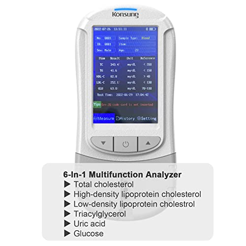 Konsung 6-in-1-Lipid-Analysator für Gesamtcholesterin, HDL- und LDL-Cholesterin, Triglycerid-Cholesterin, Harnsäure und Diabetes-Tester mit 30 Teststreifen für den Heimtest