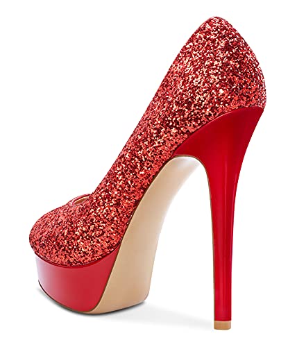 NobleOnly Damen Plattform Peep-Toes Pumps 13CM Stilettos High Heels Rot Glitter Schuhe EU38