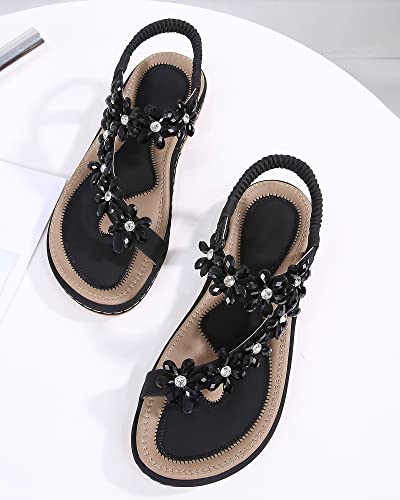 Amissz Damen Sommer Sandalen Bohemian Strass Flach Sandaletten Sommer Strand Schuhe Damen Zehentrenner (Schwarz, 36 EU)