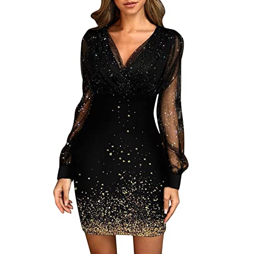 Damen Kleid Winter V-Ausschnitt Partykleid Elegant Glitzerkleid Club Outfits Cocktailkleider Glitzer Etuikleid mit Spitze Eng Pailletten Wickelkleid Langarm Freizeitkleid