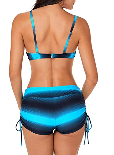 Aleumdr Damen Bikini Set Push Up Badeanzug Damen Zweiteiliger Bademode Bikini Sportlich Tankini Set Bauchweg Badeanzüge Bikini Top mit High Waist Badeshorts, Blau XXL