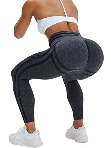 TAYOEA Sport Leggings Damen Leggins High Waist Sporthose Slim Fit Laufhose Sportleggings Po Push Up Yoga Pants Yogahose Tights Fitnesshose Anti Cellulite Nahtlos Lang Fitness Joggen Streifen Grau XL