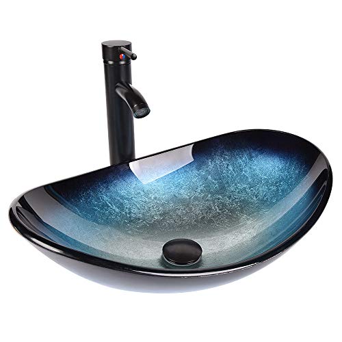 YU YUSING Aufsatzwaschbecken Waschbecken Glas Waschtisch, Oval Hand Waschschale mit Wasserhahn Set, Bad Küche Gäste WC, Modern Blau