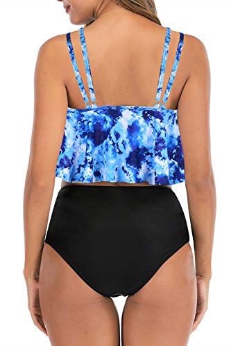 Adisputent Womens High Waisted Bathing Suits Flounce Swimwear Racerback Tankini Tummy Control Bikini Two Piece Modest Swimsuits Blue Tie Dye M