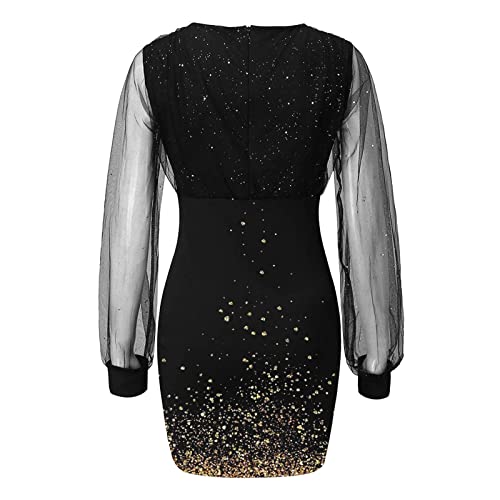 Damen Kleid Winter V-Ausschnitt Partykleid Elegant Glitzerkleid Club Outfits Cocktailkleider Glitzer Etuikleid mit Spitze Eng Pailletten Wickelkleid Langarm Freizeitkleid