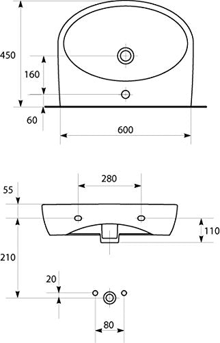 'aquaSu® Waschtisch faCila, 60 cm, Weiß, Waschbecken, Waschplatz, Bad, Badezimmer, Gäste-WC, Keramik, Mit Überlaufschutz, Design