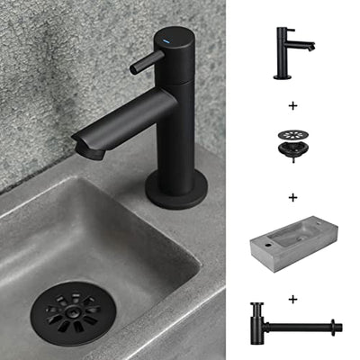 Differnz Jax Waschbecken klein - Handwaschbecken Beton Grau - Armaturen Matt Schwarz - Seifenspender - Wasserhahn Rechts - Waschtisch - 42 x 18.5 x 9 cm