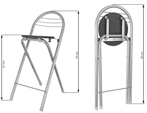 FHU Zusammenklappbarer Barhocker mit Rückenlehne und Fußstütze, Tresenstuhl, Hocker, Klappbar, 79 cm, Silber-Schwarz