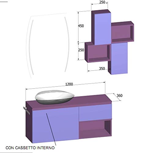 Hängender Badezimmerschrank mit Waschbecken aus lila Kristall, Aufsatzwaschbecken, Spiegel mit LED-Licht wie abgebildet - 100% Made in Italy
