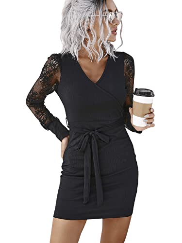 SheIn Damen Spitzen Ärmel Kleid mit Gürtel Hohe Taille Bleistiftkleid Halloween Spitzenkleid Partykleid Bodycon Minikleid Elegant Langarmkleid Schwarz M