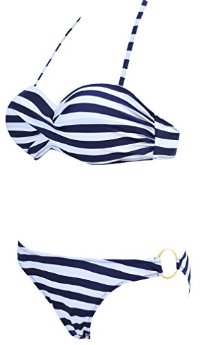 EUDOLAH Damen Bandeau Padded Bikini-Set Trägerlosen Badeanzug Push Up (M, A-Blaue Streifen)