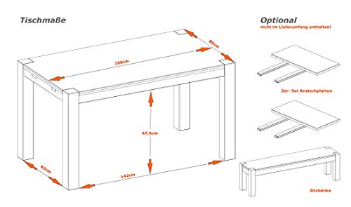 Esstisch 160x80cm Rio Bonito Farbton Cognac braun Pinie Massivholz geölt und gewachst Holz Tisch für Esszimmer Wohnzimmer Küche, Optional: passende Bänke und Ansteckplatten