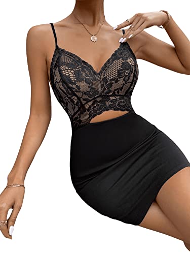 SheIn Damen Spitzen Kleid Partykleid Bodycon Minikleid Spaghettiträger Clubkleid mit V-Ausschnitt Sommer Stretchy Kleider Schwarz M