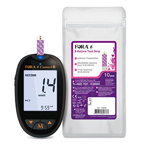 FORA 6 in 1 ketone messgerät set (mg/dl), Bluetooth, (Blutzucker, Gesamtcholesterin, Harnsäure, Hämatokrit, Hämoglobin), Selbsttest, Keto Ernährung, low Carb Diät, Früherkennung von Ketoazidose