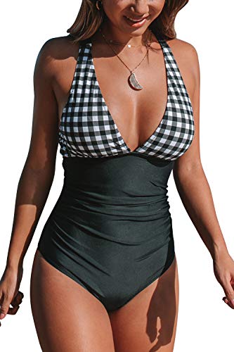 CUPSHE Damen Badeanzug V Ausschnitt Kreuz Rückseite Bauchweg Strandmode Einteiler Swimsuit,Schwarz,L