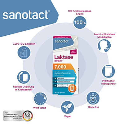 sanotact Laktase 7.000 Direkt • 6x90 Mini-Laktose Tabletten mit Sofortwirkung + hochdosiert • Bei Laktoseintoleranz + Milchunverträglichkeit