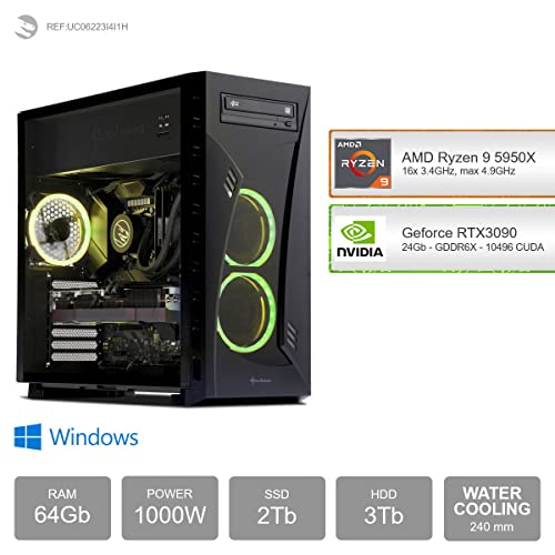 Sedatech Wasserkühlung Pro Gaming PC • AMD Ryzen 9 5950X 16x 3.4GHz • Geforce RTX3090 • 64 GB RAM • 2TB SSD M.2 • 3TB HDD • WLAN • Bluetooth • Windows • Desktop Computer