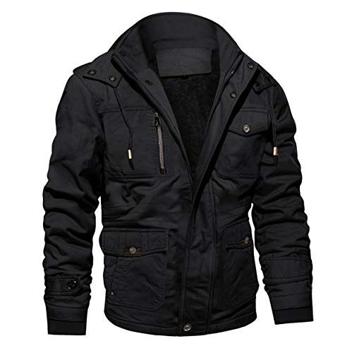 MAGCOMSEN Herren Winterparka Herrenjacke Warm Fleece Jacke Atmungsaktiv für Herren Gefüttert Mantel Outdoor Bomberjacke mit Abnehmbarer Kapuze Schwarz L